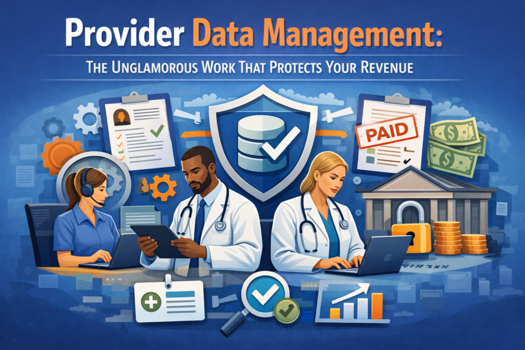 billcare provider data management dashboard showing CAQH attestation status, NPI records, and payer enrollment tracking